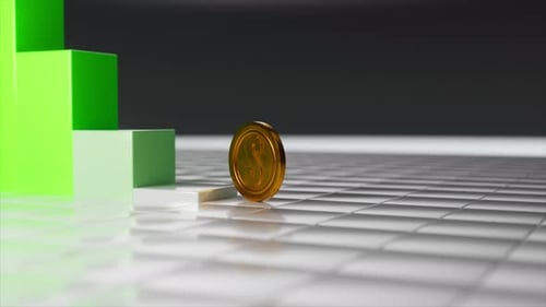 Golden Dollar Coin Rolling Down a Staircase Next to Green Bar Graphs Symbolizing Economic Recession