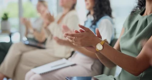 People, hands and applause in audience for business training at conference for presentation support