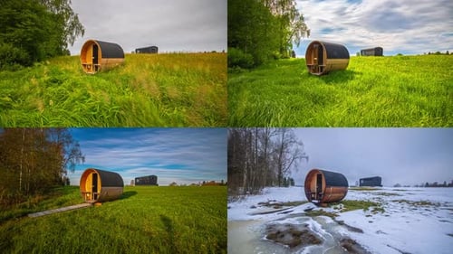 Four Seasons Spring, Summer, Autumn, And Winter. Collage Illustrations Of Nature Landscape In The Co