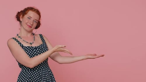 Girl Pointing Empty Place Advertising Area for Commercial Text Copy Space for Goods Promotion