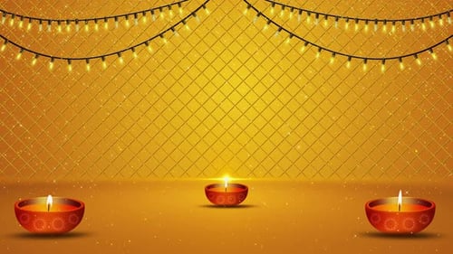 Festive Golden Diwali Background with Lit Lamps and Sparkling Lights