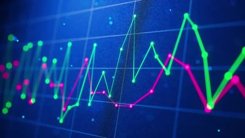 Looped 3D animation of glowing financial charts and market trends.