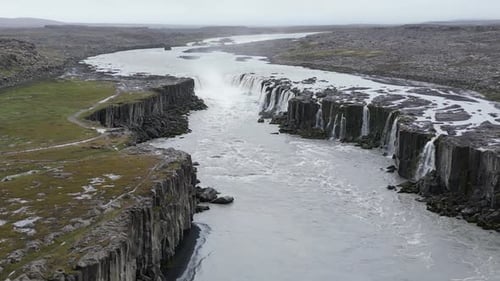 Aerial View of Godafoss Waterfall Known As the Waterfall of the Gods in Iceland