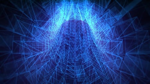 Looped background with flying through transparent blue tunnel made of hi tech glowing lines