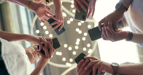 Low, connection and business people with phone for bluetooth, social media and communication