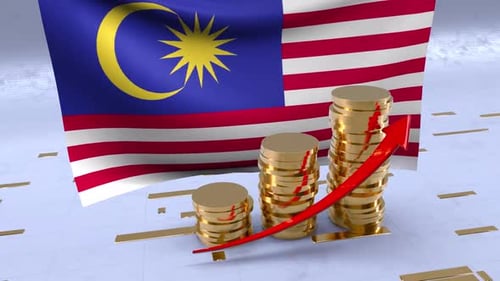 Malaysia Flag With Gold Coins Tower And Up Arrow