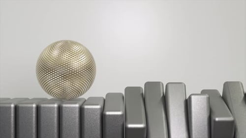 Sophisticated 3D Animation of a Golden Disco Ball Over Monochrome Gear Teeth Subtly Elegant