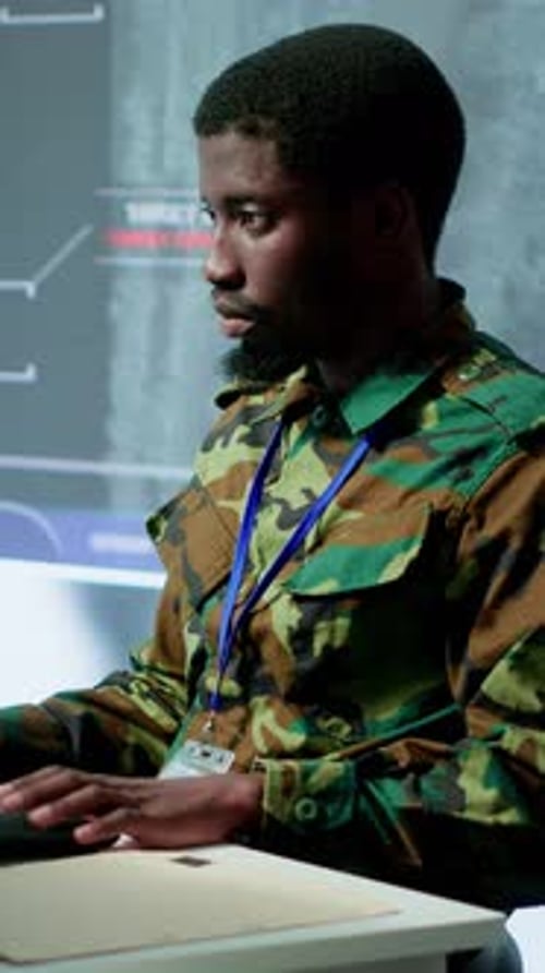 Vertical Video Military Personnel in a Control Center Working on Data Processing