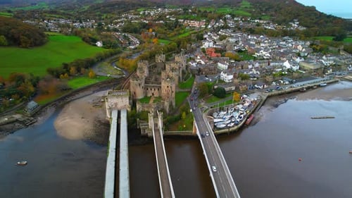 Amazing view of Conwy Castle and surrounding landscape with river estuary in background, North Wales