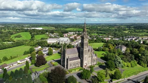 St. Cathedral, County Monaghan, Ireland, September 2022. Drone orbits clockwise while pushing closer