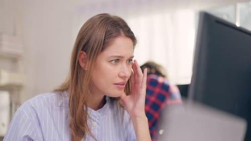 Frustrated Caucasian businesswoman overwork late in office workplace.