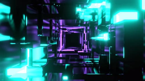 Turquoise And Purple Infinite Strobe Sci Fi Corridor Made Of Metal Blocks Background VJ Loop In 4K