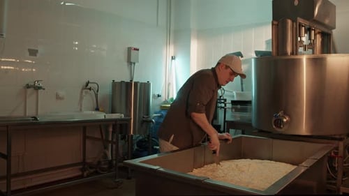 Cheesemaker Stirring Curds in Large Stainless Steel Tank