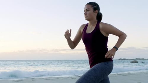 Fitness, exercise or woman running in Mexico beach, ocean or sand for wellness, training or workout