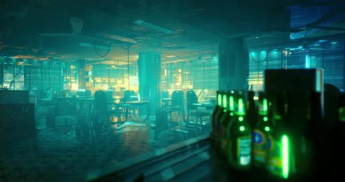 Atmospheric Interior of a Modern Bar with Vibrant Lighting and Empty Tables