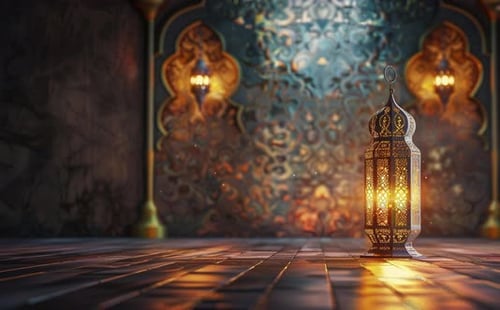 Ramadan Lantern With Mural Background And Reflective Floor