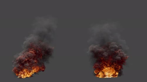 Set of two variations of fire explosion with black smoke. Alpha Channel.