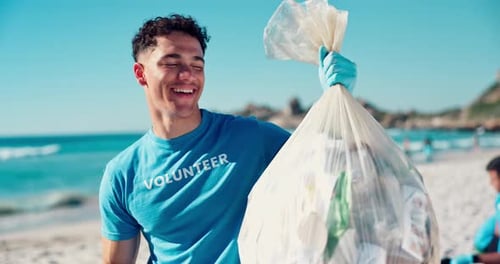Volunteer, cleaning or face with plastic bag at beach for ocean cleanup