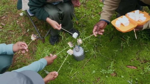 Family with Kids Roasting Marshmallows on Forest Campfire