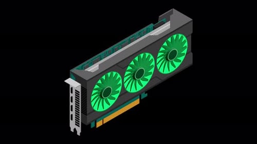 Animación isométrica de tarjetas gráficas de vídeo. Tarjeta de vídeo isométrica. Componentes de hardware informático