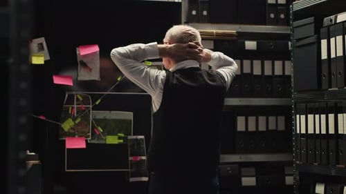 Adult Male Investigating Case in Darkened Office