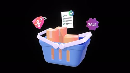 Animated 3D Shopping Basket with Sale and Checklist Icons