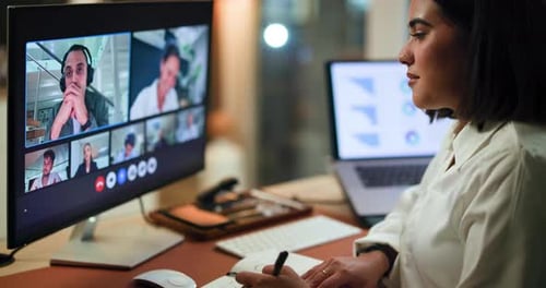 Notes, video call and business woman in meeting for virtual workshop, discussion and webinar