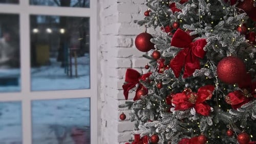 Christmas Tree with Red Ornaments and Winter View