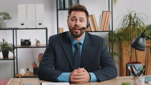 Businessman Working on Laptop Wearing Headset Call Center Support Service Operator Office Helpline