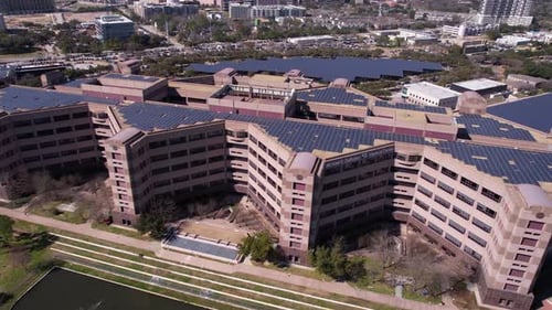 Aerial View of VA Medical Center Building Covered With Solar Panels, Houston TX USA