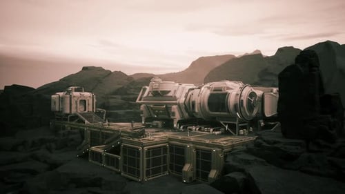 Colonist Base Established on a Distant Planet with Rocky Terrain Under Twilight