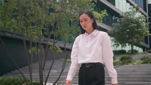 Unhappy Asian Korean Woman Businesswoman Walking Outside Business Problem Holding Head Overworked