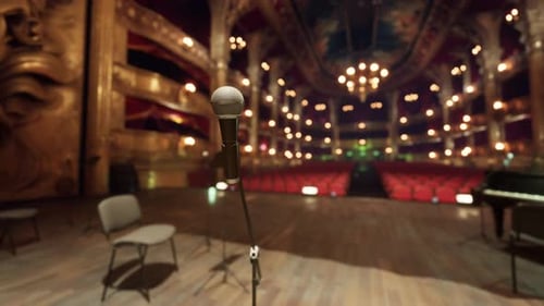 Microphone on Empty Stage in Grand Theater Ready for Event