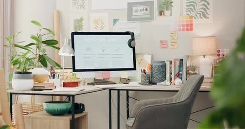 Empty, workspace and a computer in a home office for remote work, business or design of desk