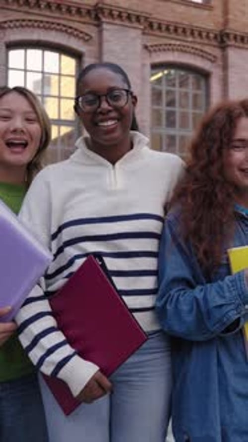 Diverse Cheerful Students Group Smiling near School