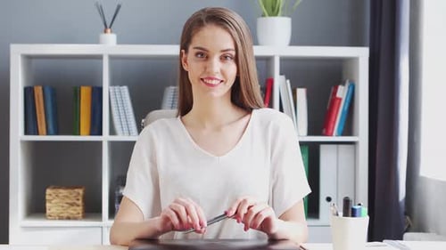 Young Woman Works at Home Office Using Computer Workplace of Female Entrepreneur Freelancer or