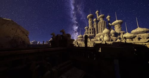 Majestic Ancient Castle Under a Starry Night Sky with a Shimmering Milky Way