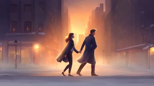 Romantic Couple Holding Hands in Winter City Cinematic Evening Scene - Snow Fall
