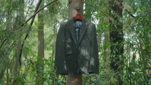 Suit jacket hanging on tree in forest woodland