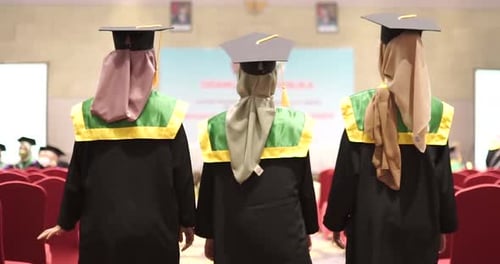 View from behind three female graduates walk in full graduation gowns wearing graduation caps and go