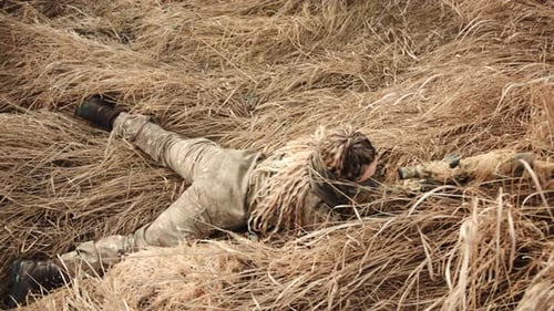 Top Angle View of Concealed Sniper Perfectly Camouflaged in Autumn Dry Grass Awaiting Target