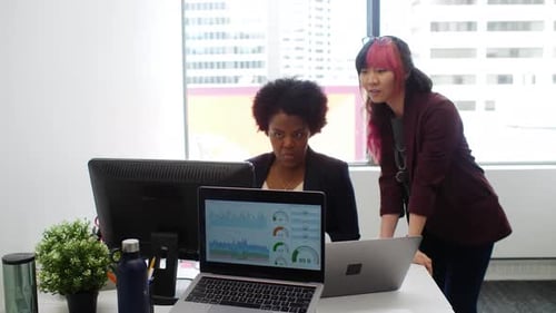 Businesswomen Meeting Talking At Computer In Office