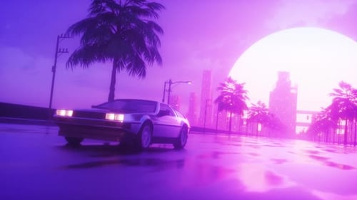 Riding Car On Endless Road With Cityscape View Synth Wave Looped