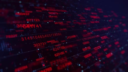 Futuristic Digital Data Stream of Red Numbers and Dots