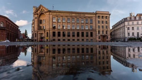 Riga Dome Square Timelapse, Tourists and Radio Building Reflected in Puddle
