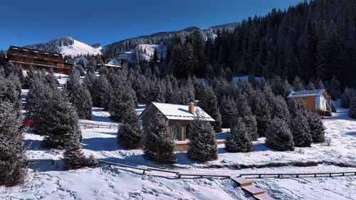 Winter Mountain Village Scene with Snow Covered Trees