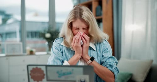 Sick Woman Wipes Nose and Rubs Eyes