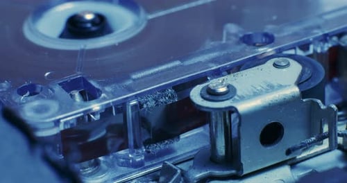 Close-Up Of Microcassette Recorder Tape Ribbon Running Through Cassette In Cold Blue Light
