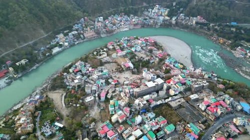 Ganga river flowing early morning in Rishikesh bird eye view in india