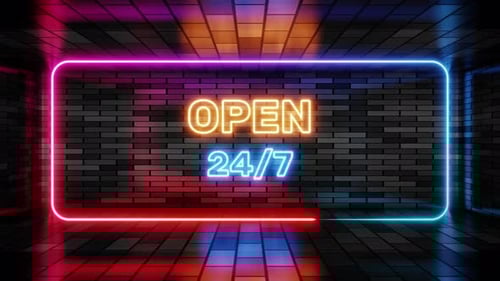 Animated Neon Open 24/7 Sign on Brick Wall